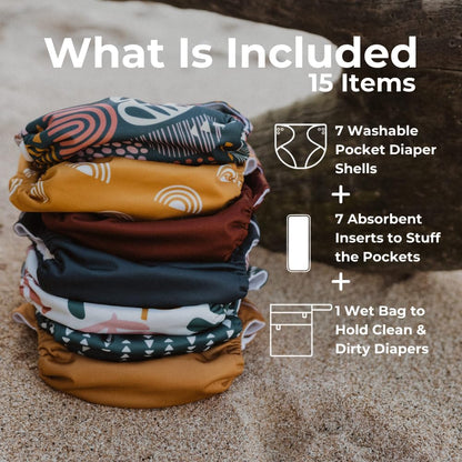 Nora's Nursery Cloth Diapers 7 Pack with 7 Inserts & 1 Wet Bag - Waterproof Cover, Washable, Reusable & One Size Adjustable Pocket Diapers for Newborns and Toddlers - Delilah