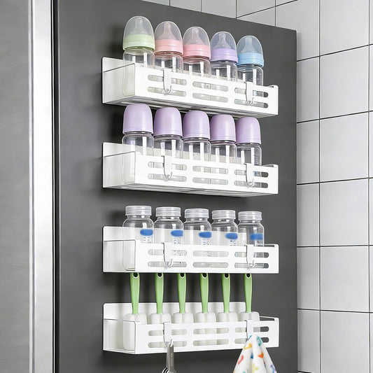 4 Pack Magnetic Baby Bottle Organizer for Refrigerator, Bottle Organizer Rack with 8 Hooks, Storage for Baby Bottles, Pacifiers, and Brushes, Also Suitable Stanley Cup Storage