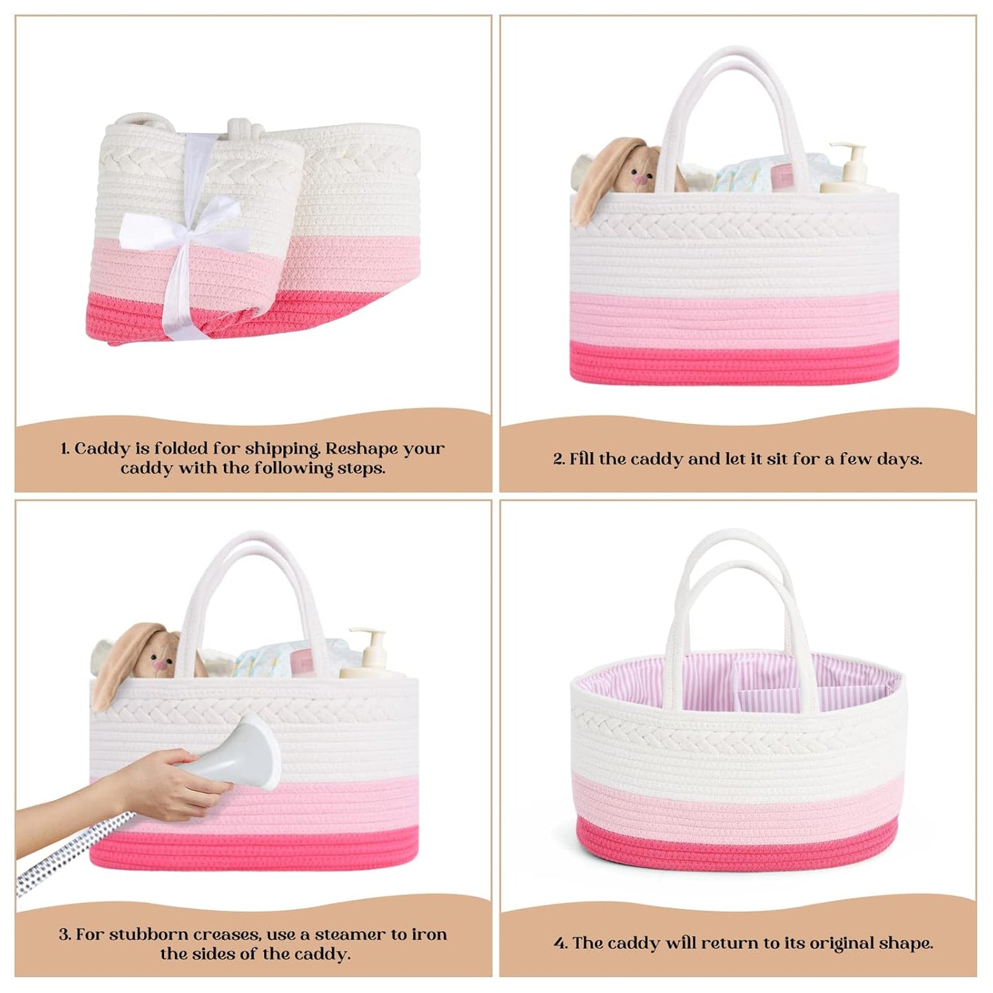 luxury little Diaper Caddy Organizer, Large Cotton Rope Nursery Baby Basket, Changing Table Organizer for Baby Diaper Storage, Portable Car Organizer Removable Divider (Off White, Large)