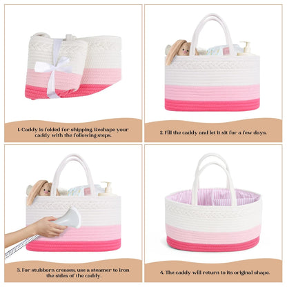 luxury little Diaper Caddy Organizer, Large Cotton Rope Nursery Baby Basket, Changing Table Organizer for Baby Diaper Storage, Portable Car Organizer Removable Divider (Off White, Large)