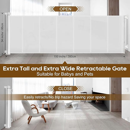 Miumoon 150 inch Retractable Baby Gates 34 inch Tall, Retractable Gate with Reinforced Strip Design to Prevent Crawling Through, 12 FT Extra Wide Retractable Dog Gate for Indoor/Outdoor