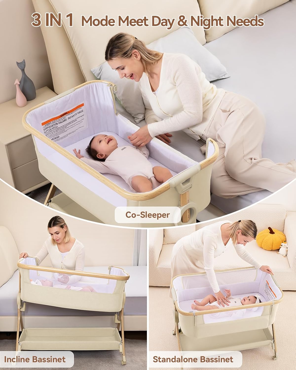Larex Baby Bassinet Bedside Sleeper Crib Co Sleeper for Newborn Infant Toddler with Mosquito Net, Storage Bag & Basket, 5-Height Adjustable, Movable Wheels, Breathable Mattress & Mesh (Dark Gray)