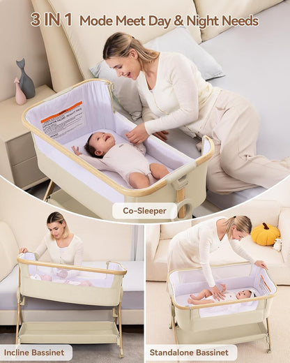 Larex Baby Bassinet Bedside Sleeper Crib Co Sleeper for Newborn Infant Toddler with Mosquito Net, Storage Bag & Basket, 5-Height Adjustable, Movable Wheels, Breathable Mattress & Mesh (Dark Gray)