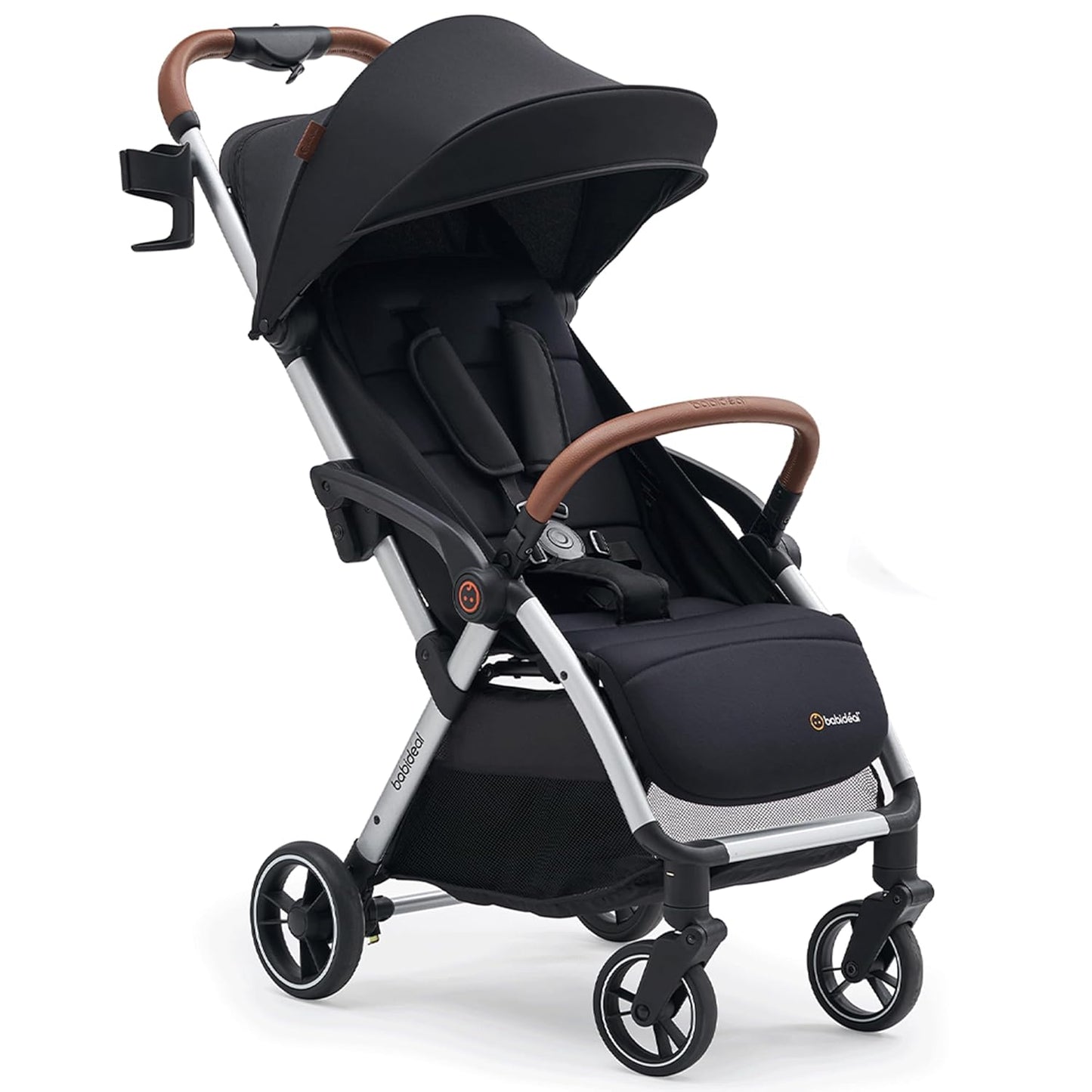 Babideal Lightweight Travel Stroller for Baby, Self-Folding Toddler Stroller with Large Canopy, Full-Reclining Seat, Cup Holder Included - Newborn to 50lbs. (Grey)