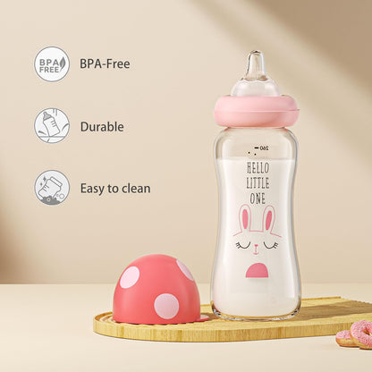 YOHKOH Natural Glass Baby Bottle with Level 1 Slow Flow Nipple, Newborn Anti-Colic Baby Bottles, Wide Neck Mushroom Baby Glass Bottle (Multicolour-A, 3.4oz (Pack of 4))
