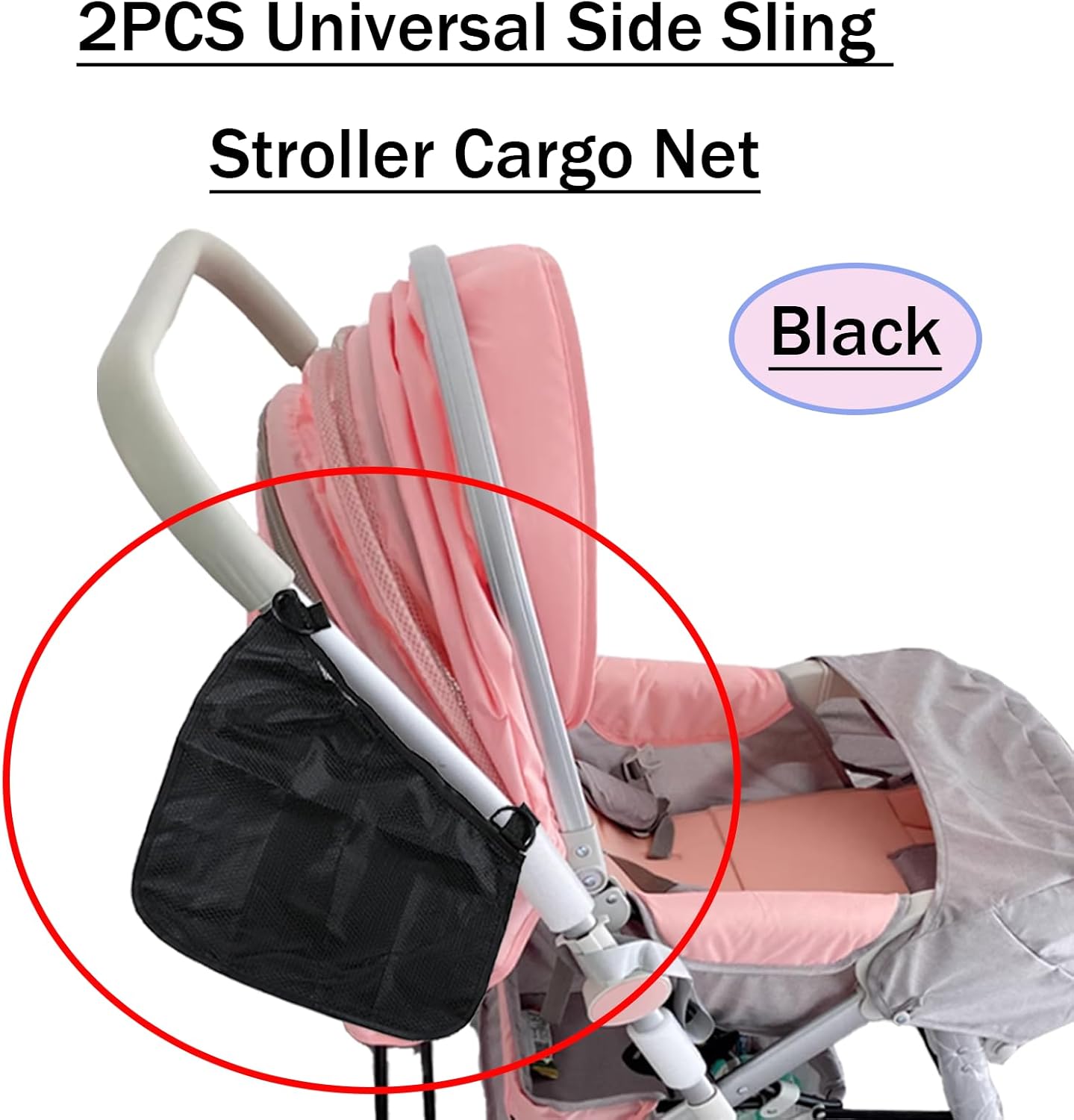 2PCS Universal Side Sling Stroller Cargo Net,Portable Storage Mesh Bag,Stroller Storage Organizer Bag,Non-Slip and Adjustable Straps Side Sling Mesh Organizer(Black)