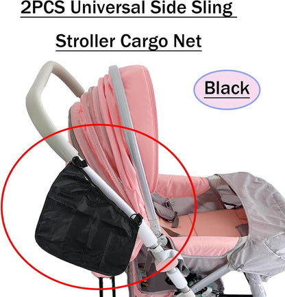 2PCS Universal Side Sling Stroller Cargo Net,Portable Storage Mesh Bag,Stroller Storage Organizer Bag,Non-Slip and Adjustable Straps Side Sling Mesh Organizer(Black)