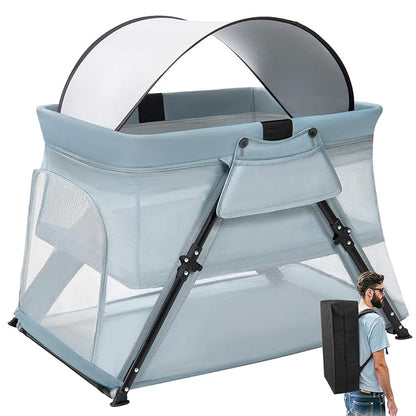 Lilian&Gema 2-in-1 Travel Crib, Portable & Foldable Crib with Backpack, Lightweight Baby Travel Playpen with Thick Mattress for Babies & Toddlers, Baby Travel Essential