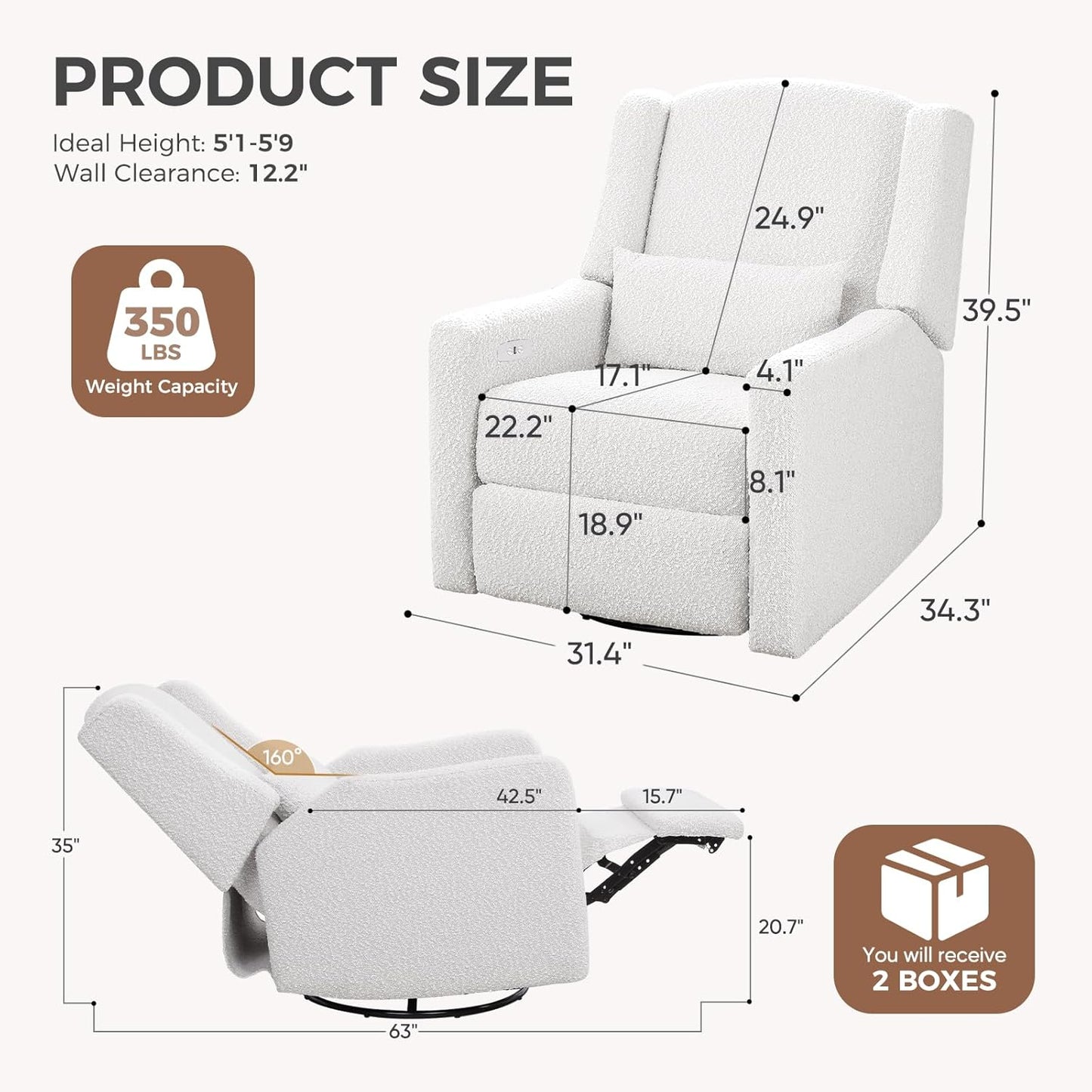 Power Glider Recliner Nursery Chair w/USB Ports, Soft Chenille Glider Rocking Chair with Ottoman, Swivel Glider Chair with Lumbar Pillow for for Nursery, Blue