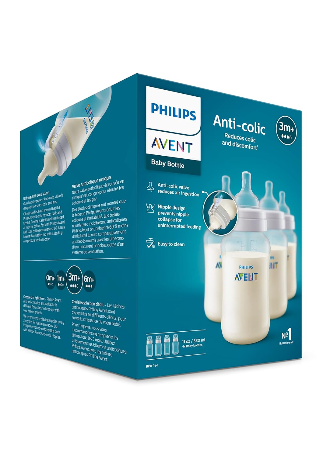 Philips Avent Anti-Colic Bottle with AirFree Vent, 4oz, with Flow 1 Nipples, 0m+, 4pk, Clear, SCY701/04