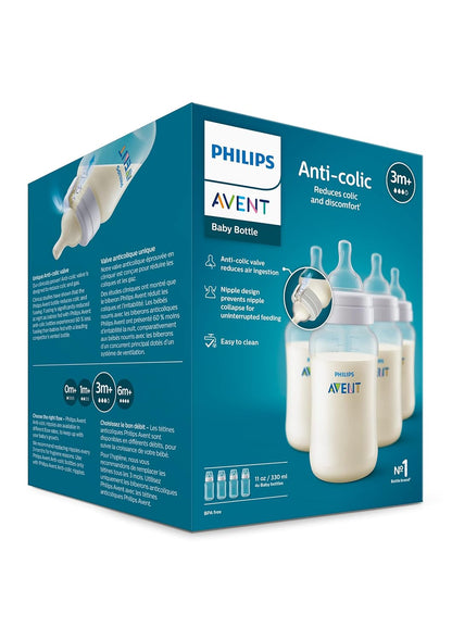 Philips Avent Anti-Colic Bottle with AirFree Vent, 4oz, with Flow 1 Nipples, 0m+, 4pk, Clear, SCY701/04