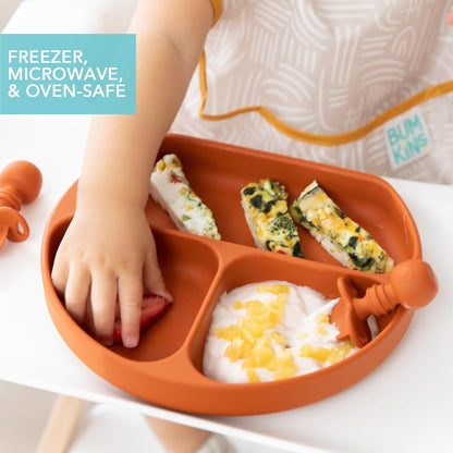 Bumkins Toddler and Baby Suction Plate, Divided Grip Dish for Babies and Kids, Baby Led Weaning, Feeding Supplies, Sticks to Tables and Highchairs, Platinum Silicone, for Chidren 6 Months, Gray