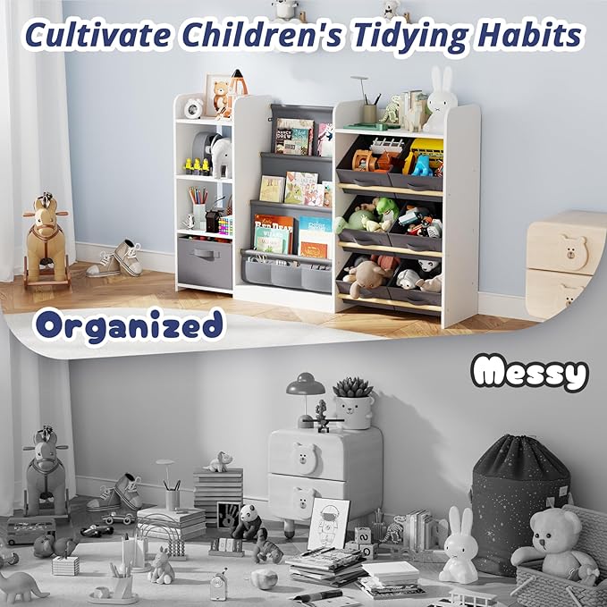 IKALIFE Kids Toy Book Storage Organizer - Large Bookshelf with 7 Removable Bins, Baby Bookshelf and Toy Storage, 4-Tier Book Shelf for Kids Room, Playroom, Classroom, 55 inch, Cream