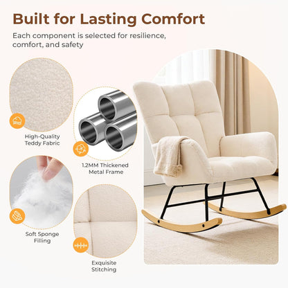 DUMOS Nursery Rocking Chair Teddy Upholstered, Comfy Glider Rocker with High Backrest Armchair Padded Seat, Accent Side Chair for Living Room Bedroom Offices Small Spaces Indoor, Beige