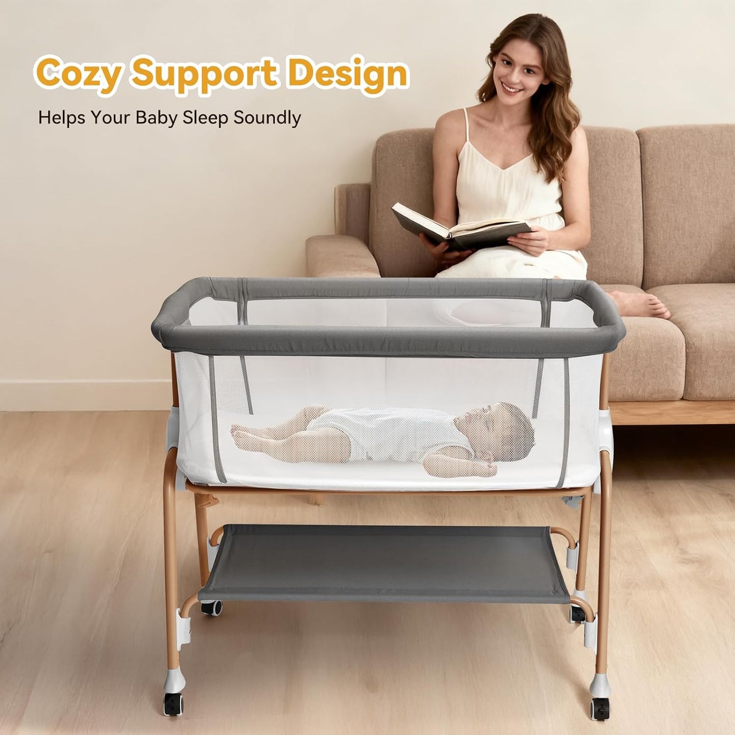 Bassinet Bedside Sleeper, Bedside Bassinet for Newborn, Baby Bassinet with 5 Adjustable Height, Rocking Bassinet with Wheels, Breathable Mesh & Mattress, Easy Folding Portable Bedside Crib（Dark Gray)