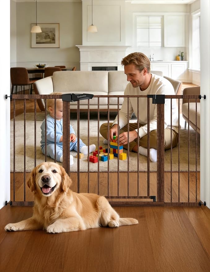 Babelio Metal Auto Close Baby Gate PressGuard, 29"-55" Extra Wide Pet Gate for The House and Doorways, Pressure Mounted Walk Thru Child Gate with Door, Black Wood Pattern, 30" Tall