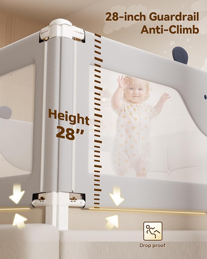 2 Piece Full Size Bed Rails for Toddlers, No-Drill Needed Baby Bed Rail Guard with Height Adjustable, Thickened Child Safety Side Railing Guards/Bedrail for Kids,Grey Bear Cute Design, 54x74.8Inches