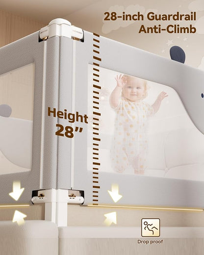 Baby Bed Rail Guard for Toddlers, Reinforced 60in Toddler Bed Rails for Queen Bed with Height Adjustable, Extral Tall Child Safety Side Railing Guards/Bedrail for Kids,Grey Bear, 1 Side 60" Lx28 H