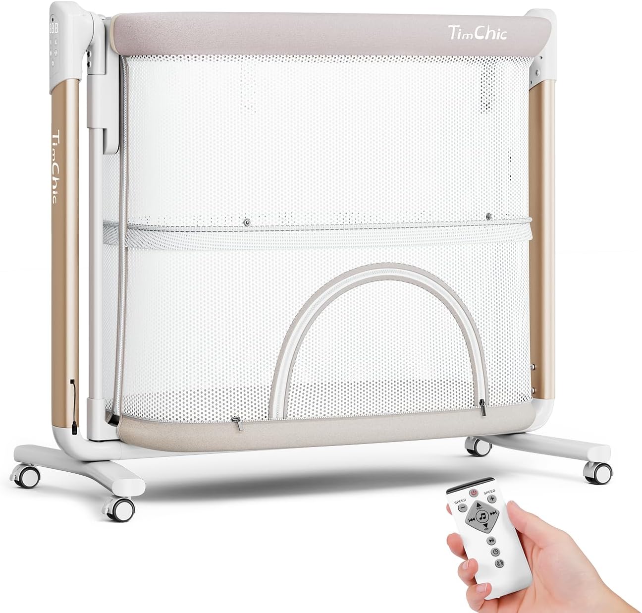 Electric Baby Bassinet, 7 Height Adjustable Rocking Bassinet for Baby, Auto Infant Sleeper with Timer, 12 Lullabies, Wheels, Smart Rocking Crib for Newborns, Beige