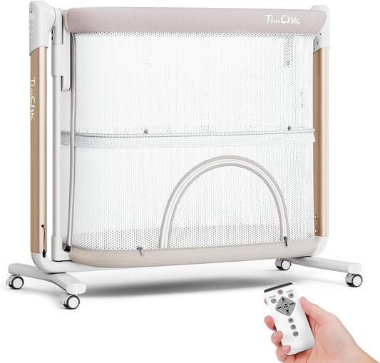 Electric Baby Bassinet, 7 Height Adjustable Rocking Bassinet for Baby, Auto Infant Sleeper with Timer, 12 Lullabies, Wheels, Smart Rocking Crib for Newborns, Beige