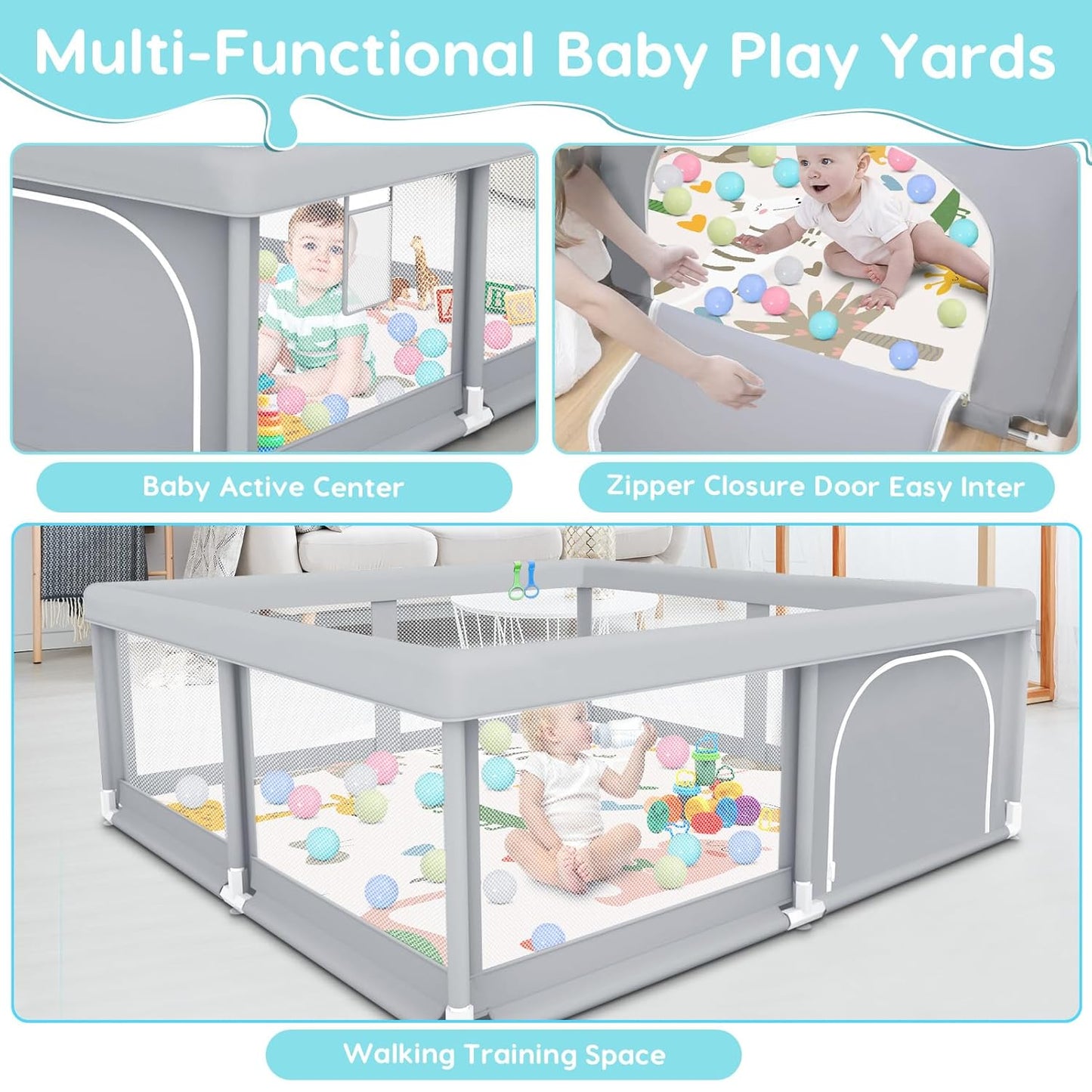 Fshibila 74" ×50" Large Baby Playpen, Baby Playard for Babies and Toddlers, Baby Fence Play Pens for Indoor & Outdoor, Sturdy Safety Play Yard with Soft Breathable Mesh, Anti-Fall, Grey