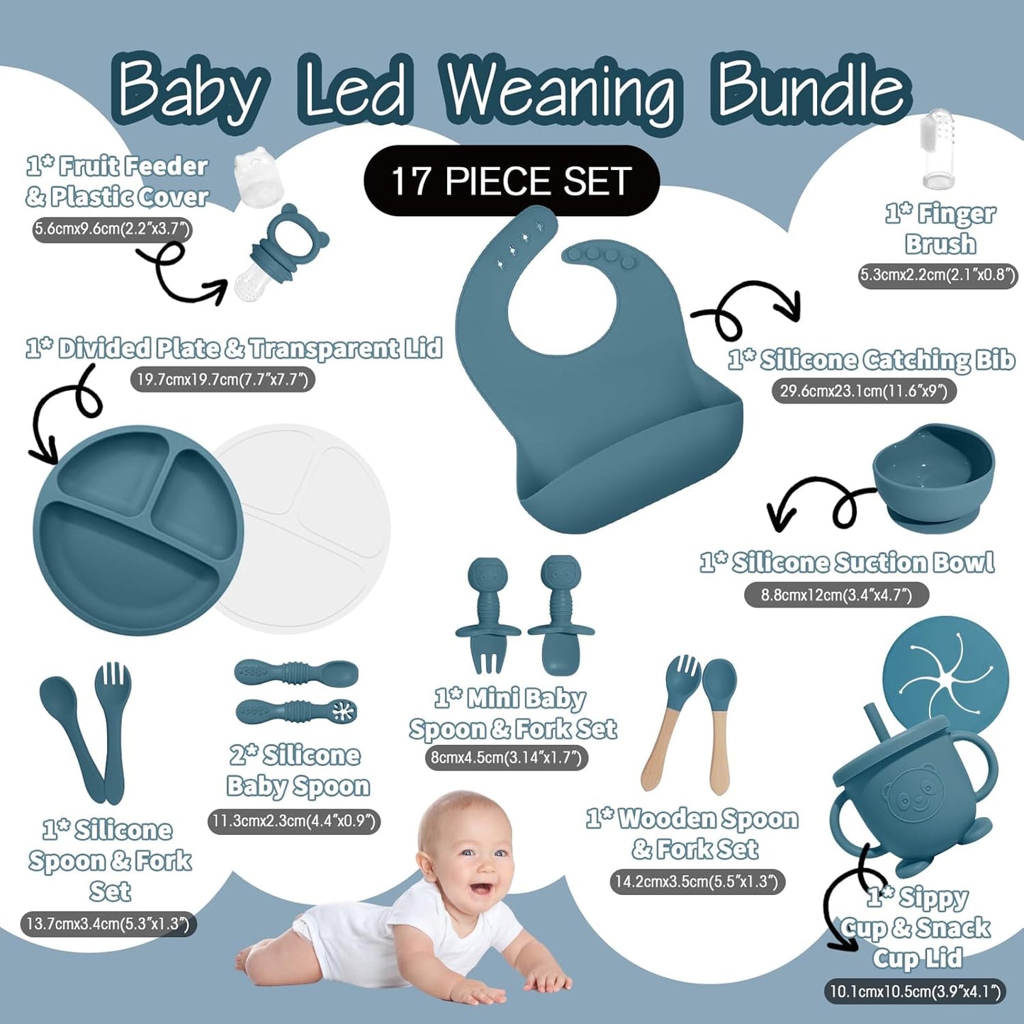 Baby Led Weaning Supplies, 17 Piece BPA-Free Silicone Feeding Set, Eating Essentials Baby Utensils with Suction Plate and Bowl, Pocket Bib, Sippy Cup with Lid, for 6+ Months, Blue