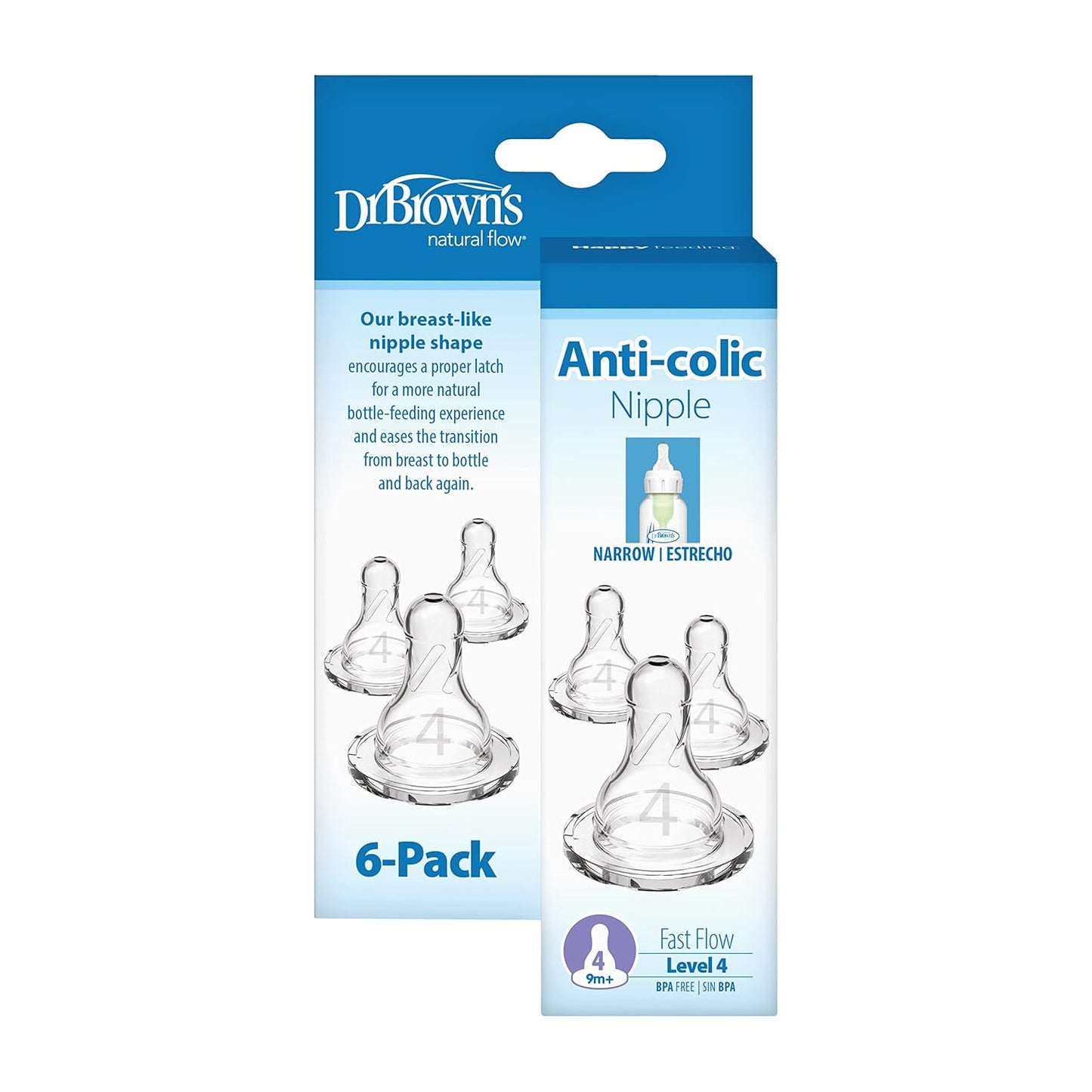 Dr. Brown’s Natural Flow Y-Cut Narrow Baby Bottle Silicone Nipple, Ideal for Thicker Liquids, 9m+, 100% Silicone Bottle Nipple, 6 Count