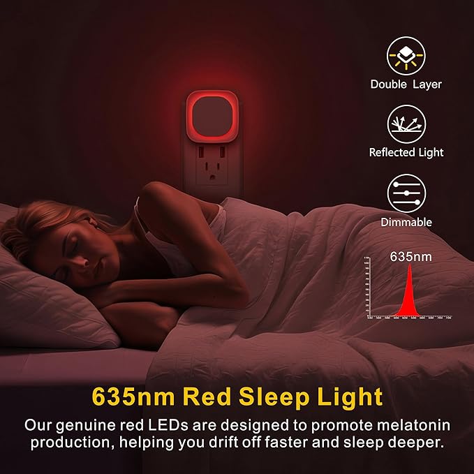 YUNLEX 2 Pack Plug in Red Sleep Night Light, Auto Dusk to Dawn, Soft Glow, Dimmable Diffused Light, Led Lights for Bedroom, Sleep, Baby Nursery, Kids, Toddler, Bathroom, Hallway, Home Decor