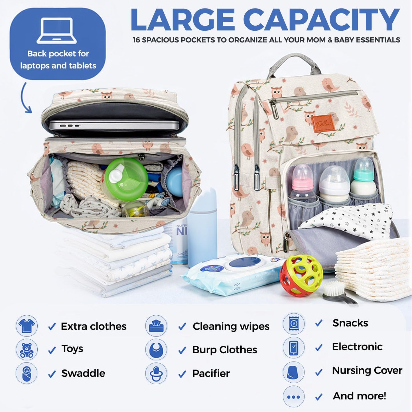 PILLANI Baby Diaper Bag Backpack - Large Waterproof Travel Diaper Bag for Boys & Girls, 16 Organizer Pockets with Changing Pad, Insulated Bottle Pockets & Stroller Straps, Baby Shower Gifts, Dinosaur