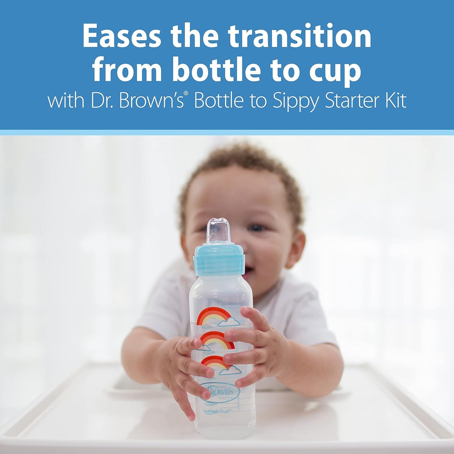 Dr. Brown's Anti-Colic Options+ Narrow Sippy Bottle Starter Kit, 8oz/250mL, with Level 3 Medium-Fast Flow Nipple and Soft 100% Silicone Sippy Spout, Blue, BPA Free, 6m+