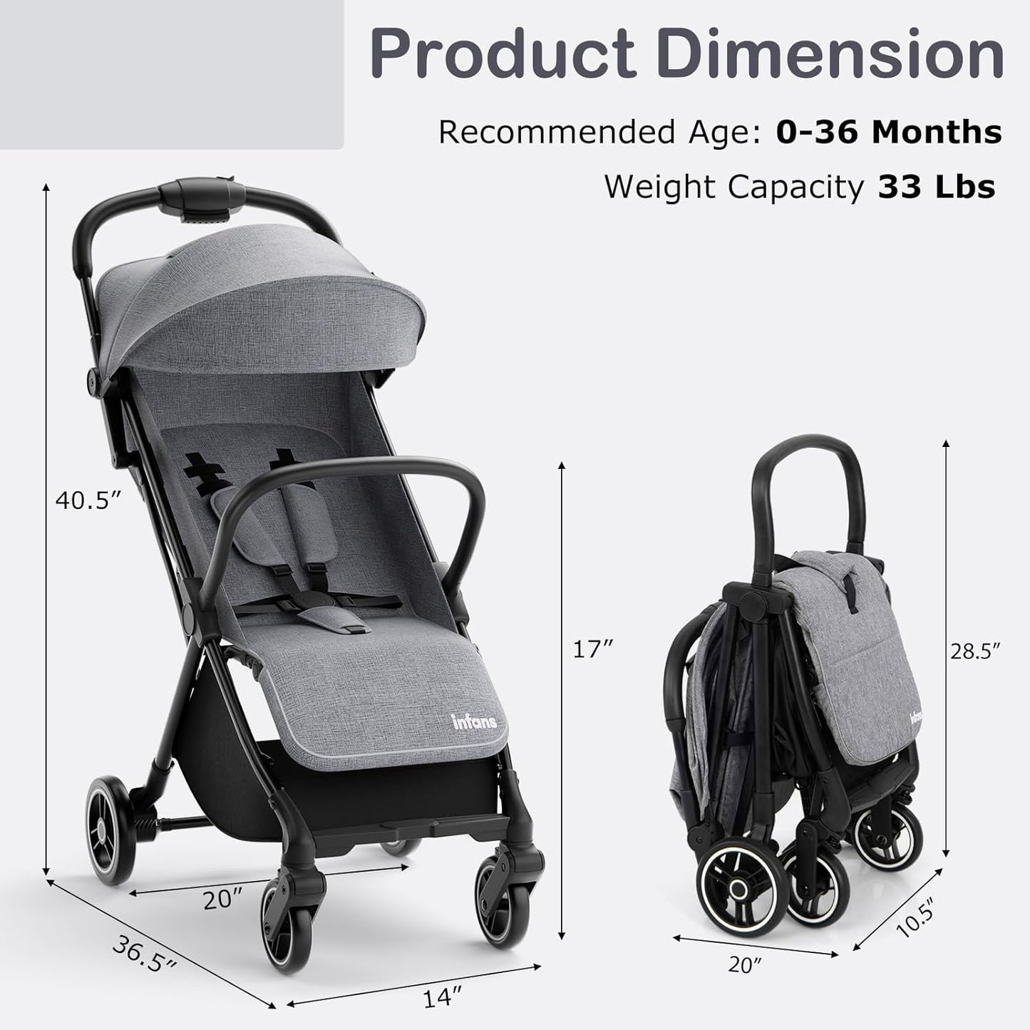 INFANS Ultra-Compact Fold Airplane Ready Travel Stroller, One-Hand Gravity Fold Near Flat Recline Seat, Foldable Toddler Stroller for Infant 6-36 Month