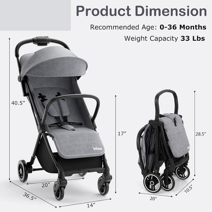 INFANS Ultra-Compact Fold Airplane Ready Travel Stroller, One-Hand Gravity Fold Near Flat Recline Seat, Foldable Toddler Stroller for Infant 6-36 Month