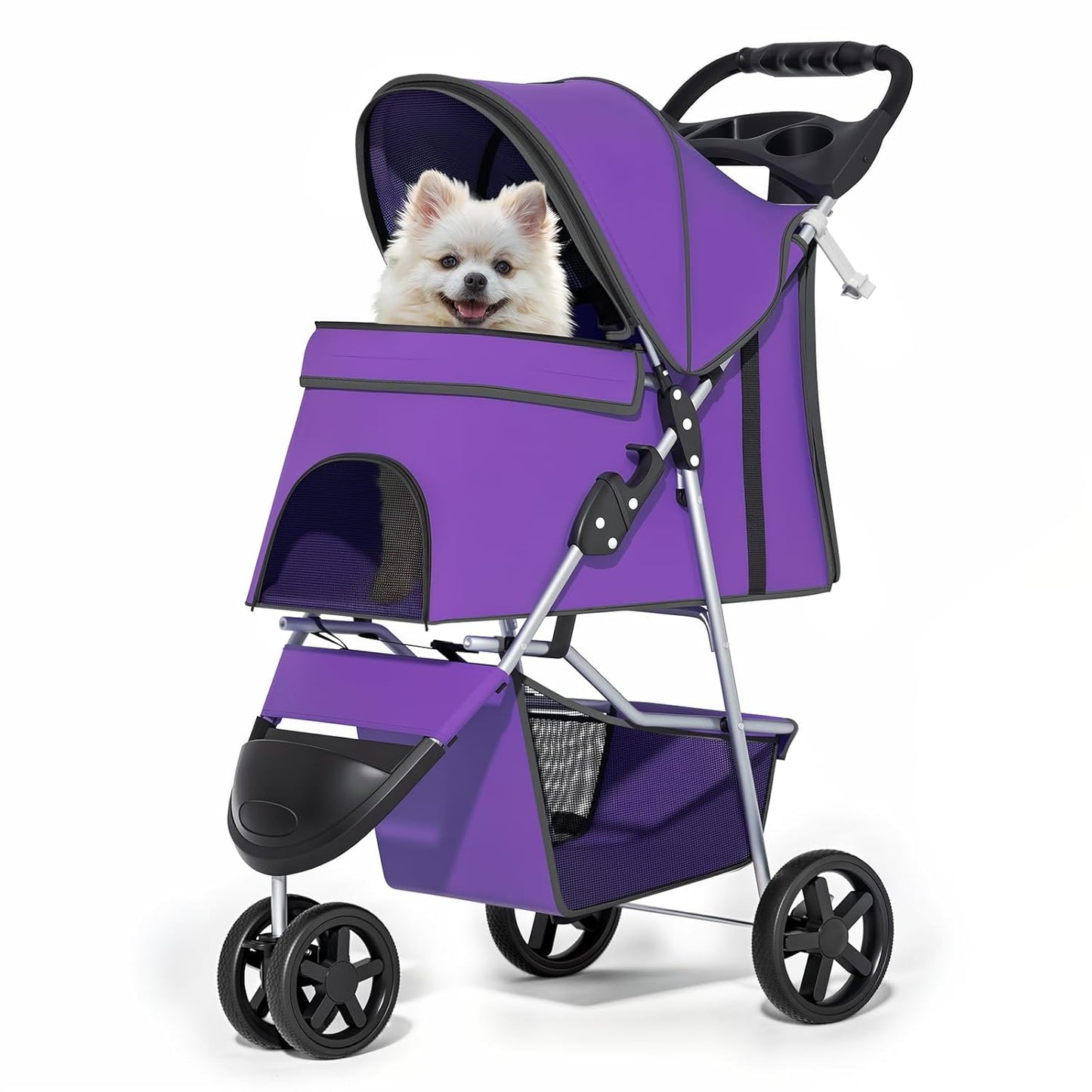 MoNiBloom Foldable Pet Stroller with Weather Cover, 3 Wheels Pet Strolling Cart for Small/Medium Dogs and Cats with Storage Basket and Cup Holder, Breathable and Visible Mesh for All-Season, Black