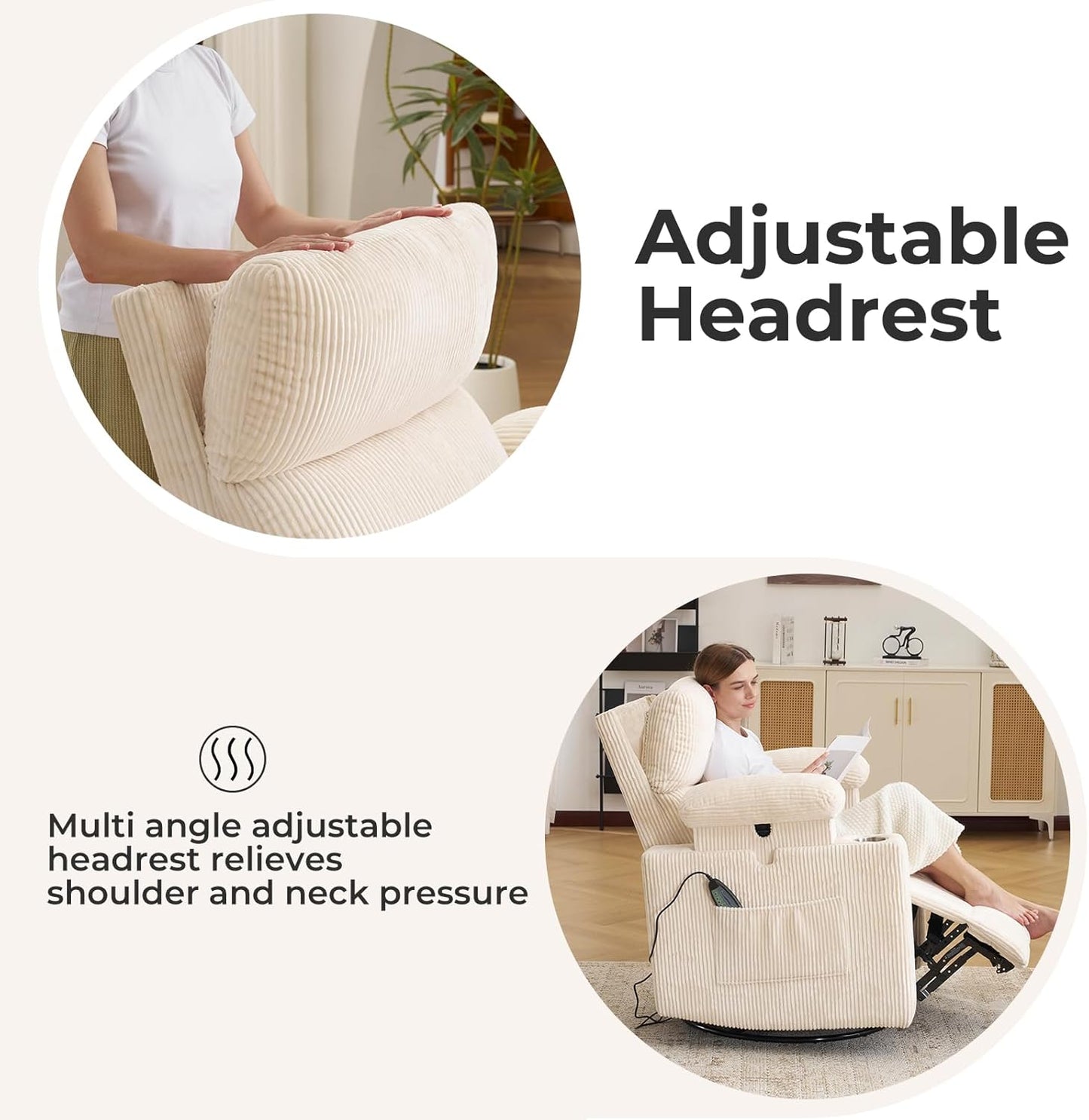 Rocking Chair Nursery with Adjustable Armrests, Electric Glider Recliner Nursing Chair for Breastfeeding, Power Swivel Recliner Chairs with Massage and Heat, Adjustable Headrest , FSC Certified, White