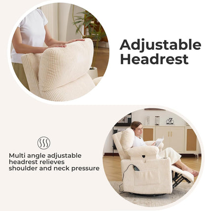 Rocking Chair Nursery with Adjustable Armrests, Electric Glider Recliner Nursing Chair for Breastfeeding, Power Swivel Recliner Chairs with Massage and Heat, Adjustable Headrest , FSC Certified, White
