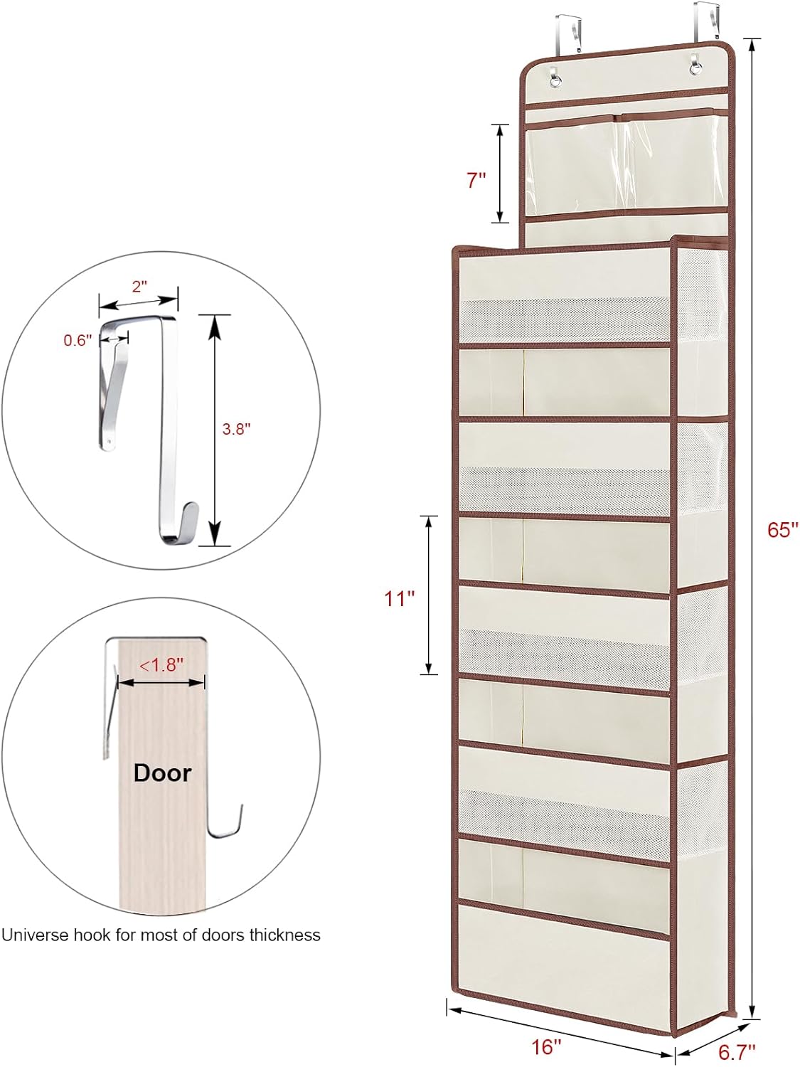 Univivi Over The Door Organizer, 5 Shelf Door Hanging Organizer Nursery Door Storage with 4 Large Compartments and 2 Small PVC Pockets 6 Side Pockets for Bathroom,Cosmetics and Nursery Baby Essential