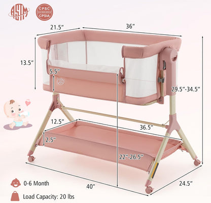 BABY JOY Bassinet Bedside Sleeper, Easy Folding Baby Crib w/All-Side Mesh, Storage Shelf, 7 Adjustable Heights, Mattress & Travel Bag for Safe Co-Sleeping, Portable Baby Bed for Newborn Infant -Gray