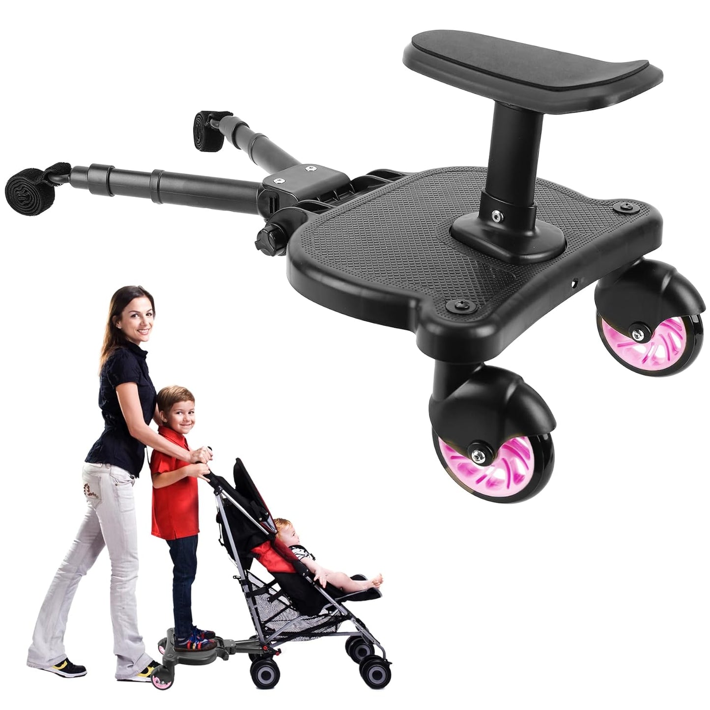 2026 New-Universal Stroller Board with Detachable Seat, 2in1 Sit and Stand Stroller Connectors for Most Strollers, Holds Children Up to 55 LBs Stroller Standing Board(Black)