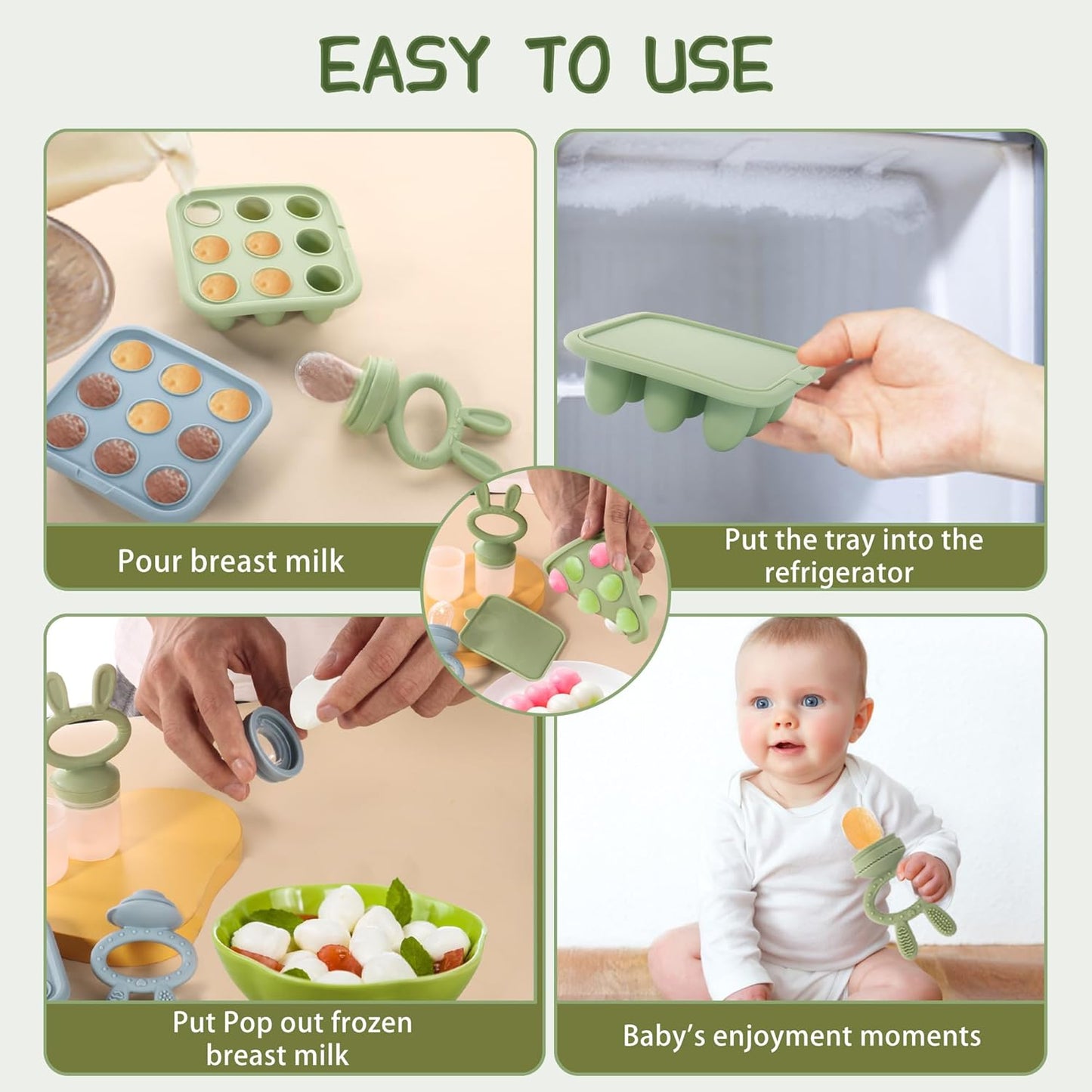 WAJIAYON Baby Breastmilk Popsicle Molds & Baby Fruit Feeder (4 Pack), Infant Food Freezer Tray Storage Containers, Silicone Teething Pacifier Feeder and Teether for Babies（Pink&Purple）