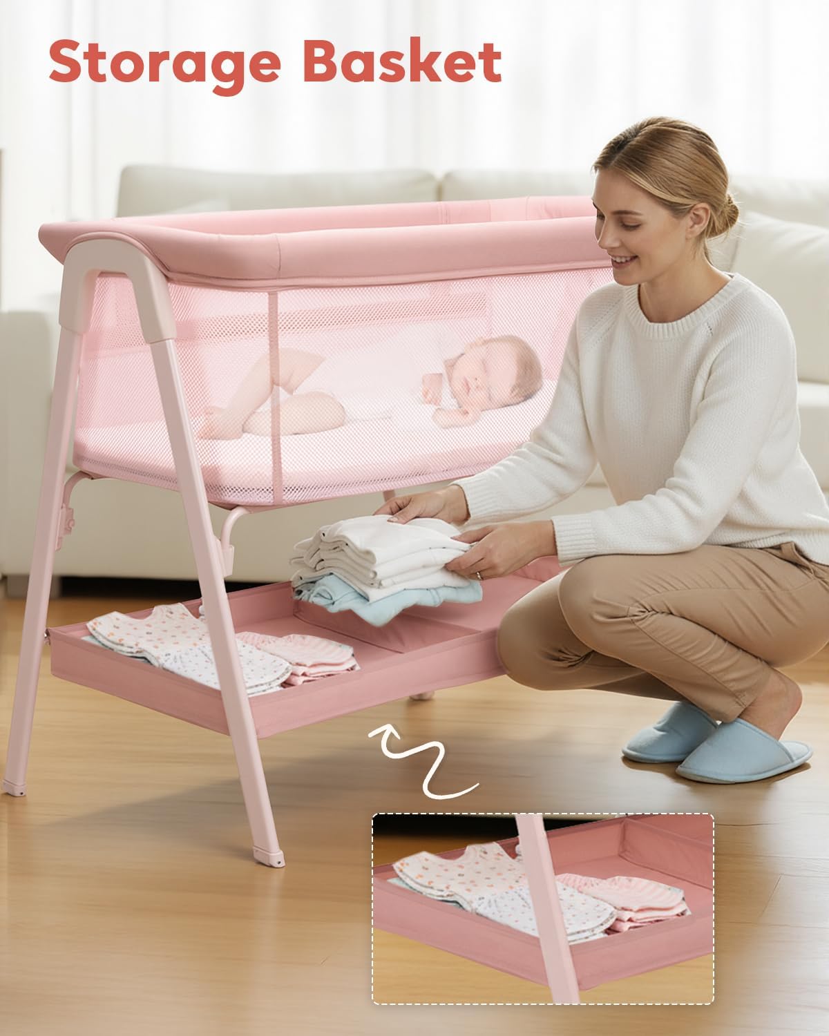 Baby Bassinet, Bedside Bassinet for Baby, Bassinet Bedside Sleeper with Mattress, Storage Basket and 4 Auto-Lock Wheels, Full-Mesh Sides, Bedside Mini Crib for Newborn (Beige)
