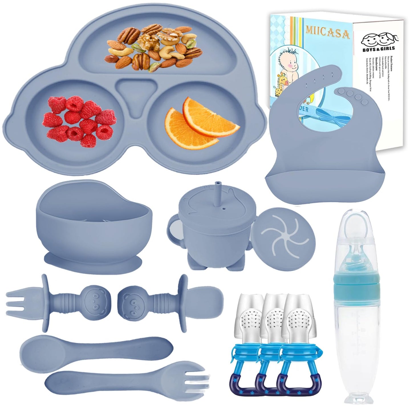 Silicone Baby Feeding Set,Miicasa Baby Led Weaning Supplies Kit With Suction Bowl & Car Plate, Bib, Spoon, Fork, Cup - Food-Grade Silicone, Dishwasher-Safe, No BPAs - For 3+ Months