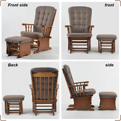 Glider Rocking Chair with Ottoman Set, Solid Wood Nursery Glider Rocker with Padded Cushion, High Back Upholstered Swivel Glider for Living Room, Nursing, Reading, 280LBS Weight Capacity,Oak+Khaki
