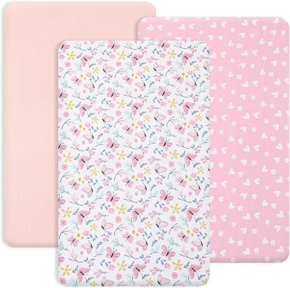 PHF 3 Pack Soft Mini Crib Sheets, Floral & Animal Pack N Play Sheets for Baby Boys Girls, No Slip Universal Fit for Pack N Play, Playard, Portable and Mini Crib Mattresses,Floral & Animal