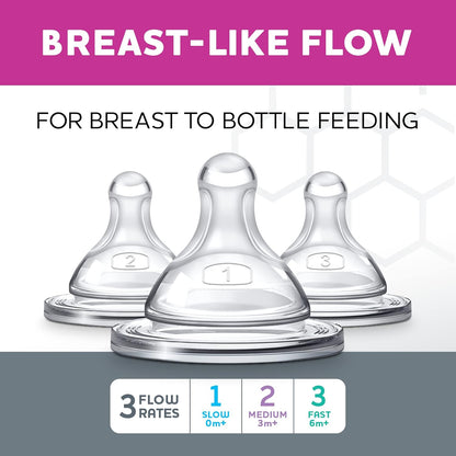 Chicco Duo Glass-Lined Baby Bottle Intui-Latch Nipple with Anti-Colic Valve, Stage 2 Medium Flow for Babies 3+ Months, 100% Silicone with Skin-Like Texture, Breast-Like Shape & Flow, 2-Pack