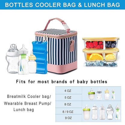 Breastmilk Cooler Bag with Ice Pack Fits 6 Baby Bottles Up to 9 Ounce, Baby Bottle Bag with Shoulder Strap for Nursing Mom Daycare, Straps