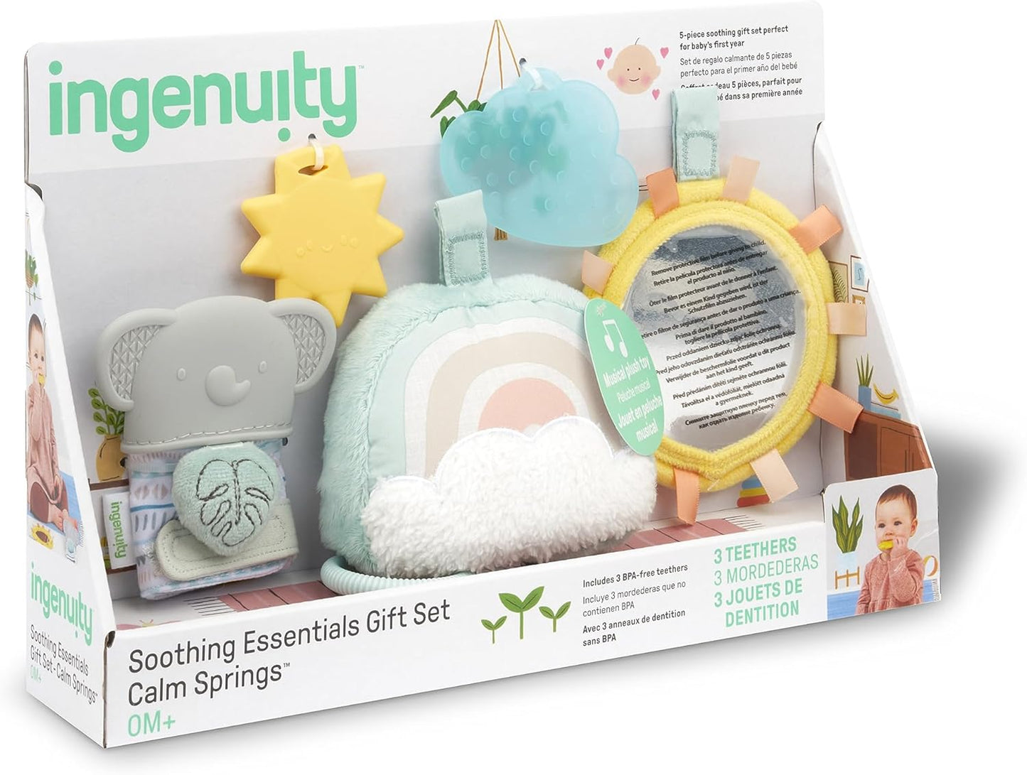 Ingenuity Soothing Essentials Wood Carrier Toy Bar, Montesorri-Inspired, 3 Removable Toys, for Ages 0-12 Months