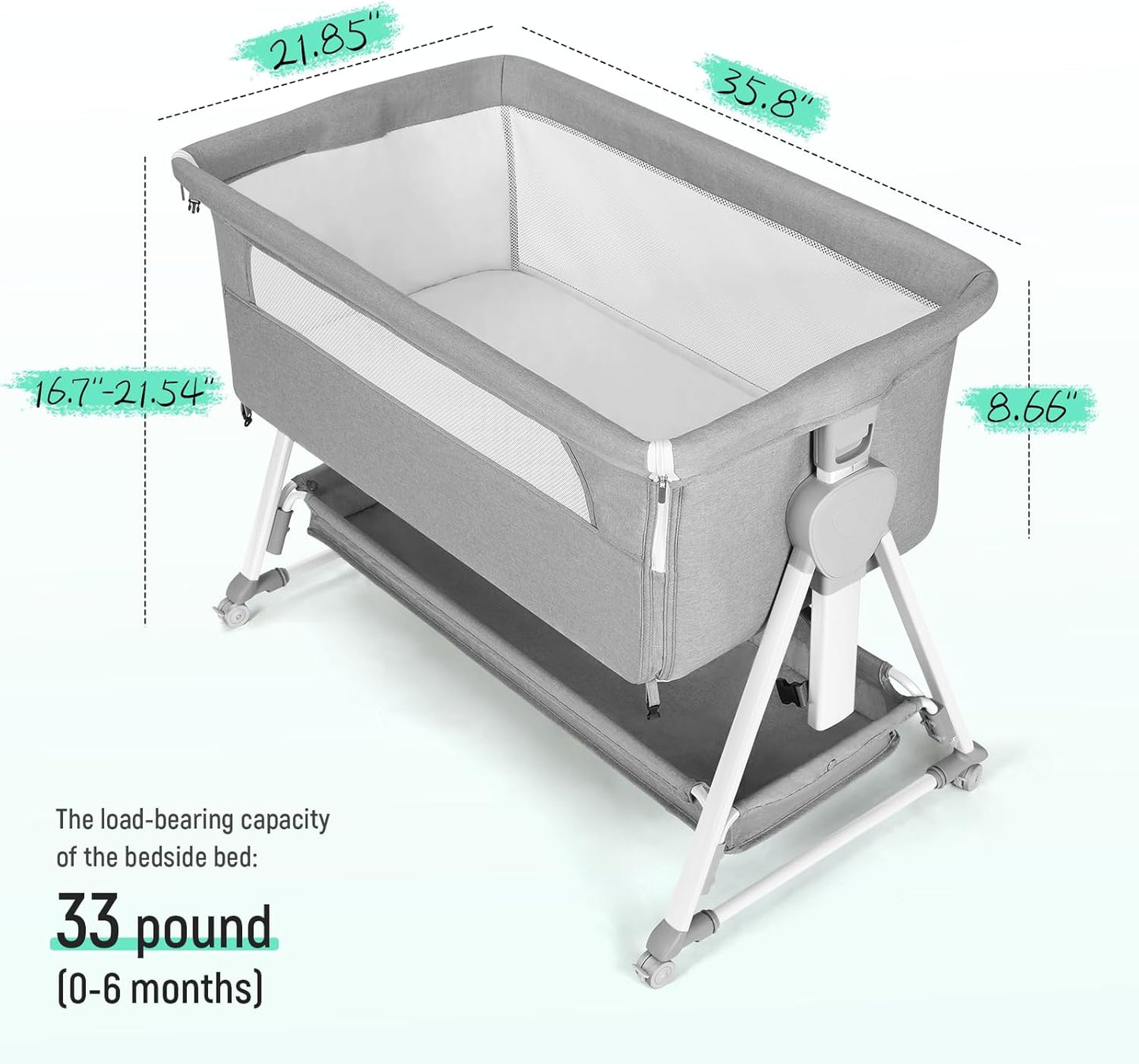 Cowiewie Bassinet Bedside Sleeper, Baby Bassinet with 7 Adjustable Height, Bedside Bassinet for Baby with Storage, Breathable Mesh & Mattress, Portable Bassinet Easy Folding (Pyramid Light Gray)