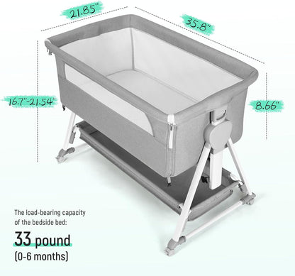 Cowiewie Bassinet Bedside Sleeper, Baby Bassinet with 7 Adjustable Height, Bedside Bassinet for Baby with Storage, Breathable Mesh & Mattress, Portable Bassinet Easy Folding (Pyramid Light Gray)
