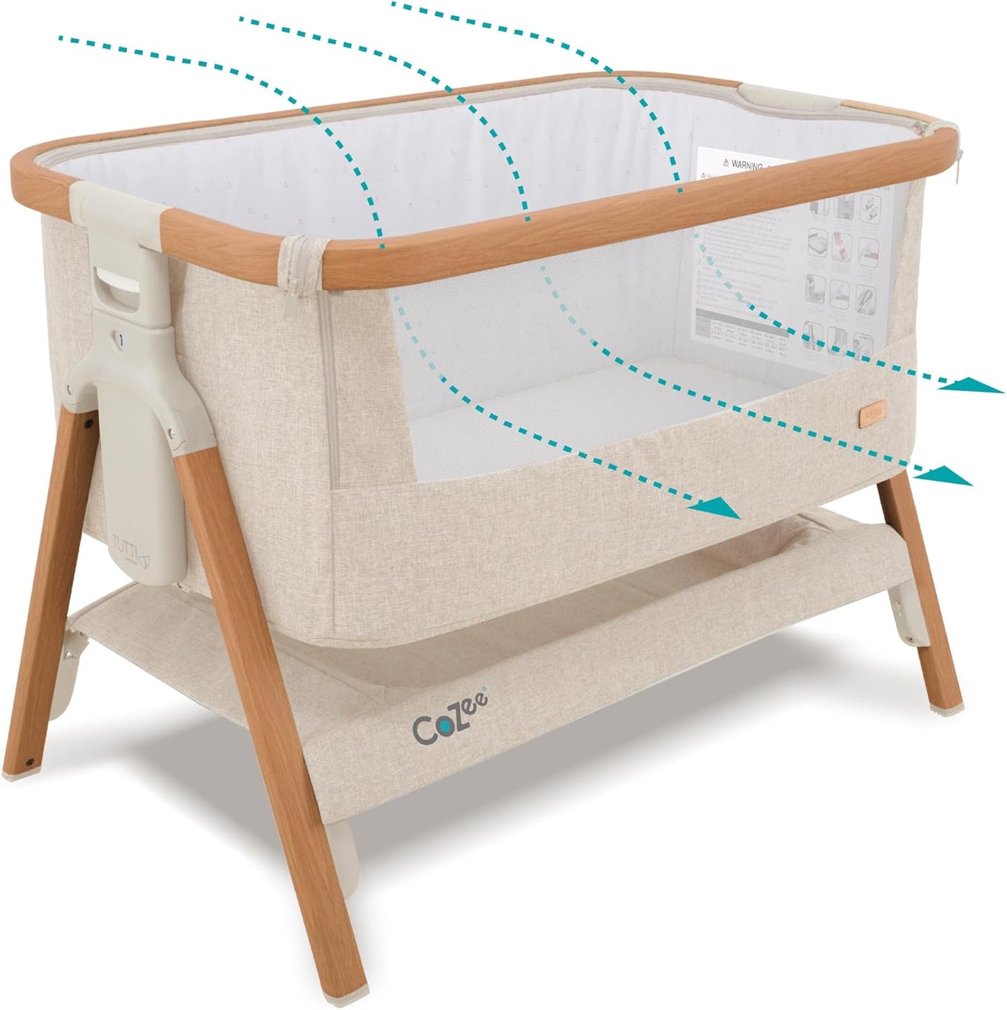 Tutti Bambini CoZee® 2-in-1 Baby Bassinet & Bedside Sleeper - Fast-Folding Bedside Bassinet, Baby Crib with 6 Mattress Heights & Breathable Mesh Window, Mattress Included, 0-6 Months (Oak & Charcoal)