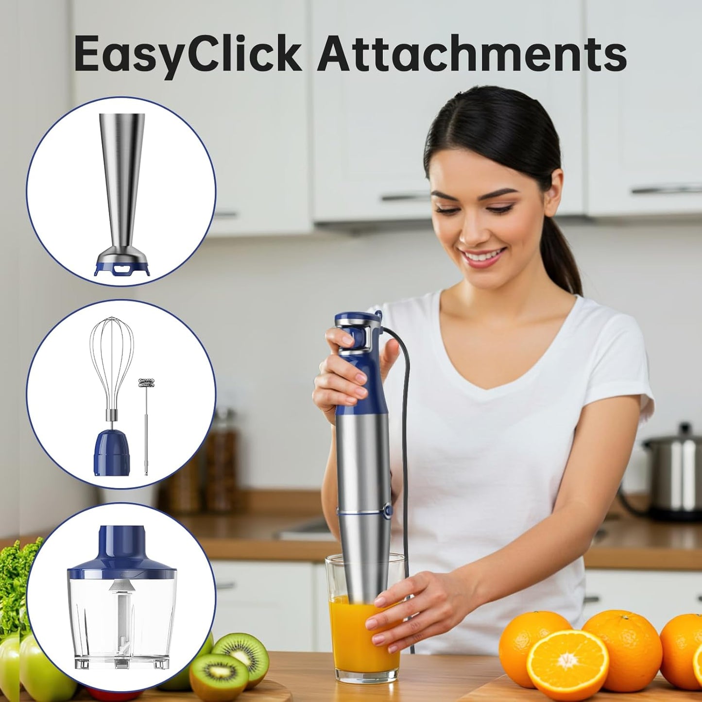 Turelar Immersion Blender Handheld Corded Hand Blenders Set 1100W, Trigger Variable Speed 5 in 1 Stick Emulsifier with Chopper, Whisk and Frother for Soup, Baby Food and Smoothies, Orange